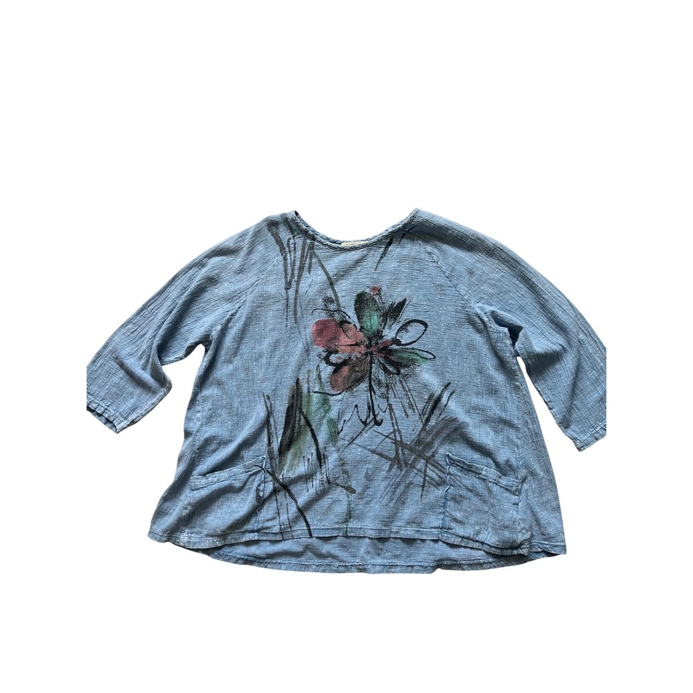 Jess & Jane Womens Boho Eclectic Top 1X Blue Floral Cotton Lagenlook Plus Size